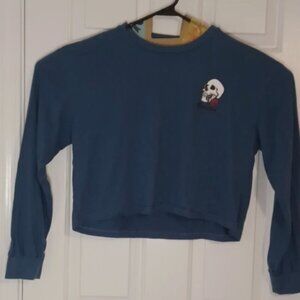 Brixton Crop Top Graphic T Shirt XL Long Sleeves Blue 100% Cotton Skull Red Rose